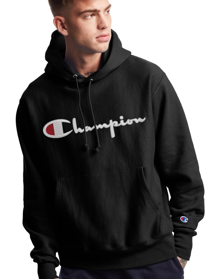 Champion Herre Hættetrøje Sort - Reverse Weave Vintage Script Logo - Danmark HYP-569148